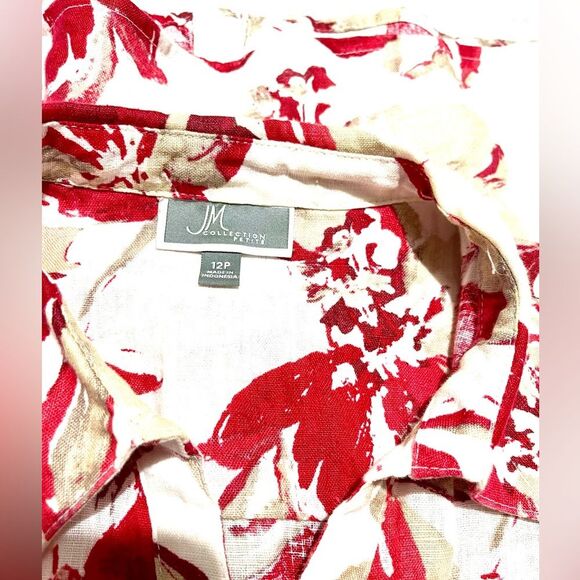 JM Collection linen shirt floral crouse Beach resort holiday festive red Women12 - Picture 6 of 8